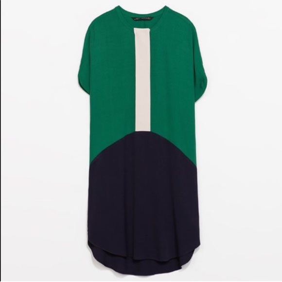 NWT ZARA COLORBLOCK NAVY GREEN TUNIC TOP DRESS - Picture 1 of 13